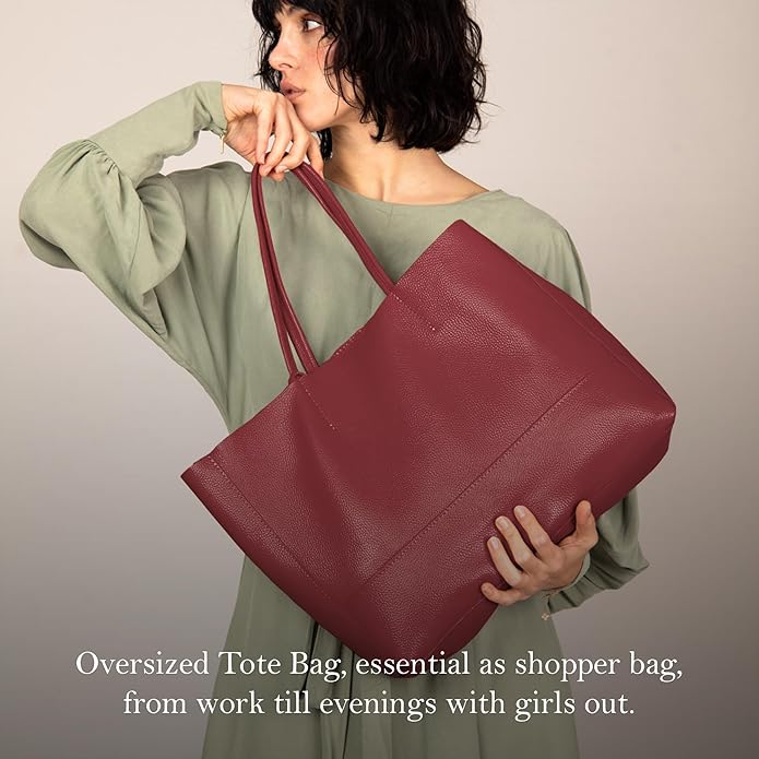 Italian Leather Tote Bag for Women - Large Shoulder Shopper, Fits 16” Laptop, Keychain Holder, Made in Italy