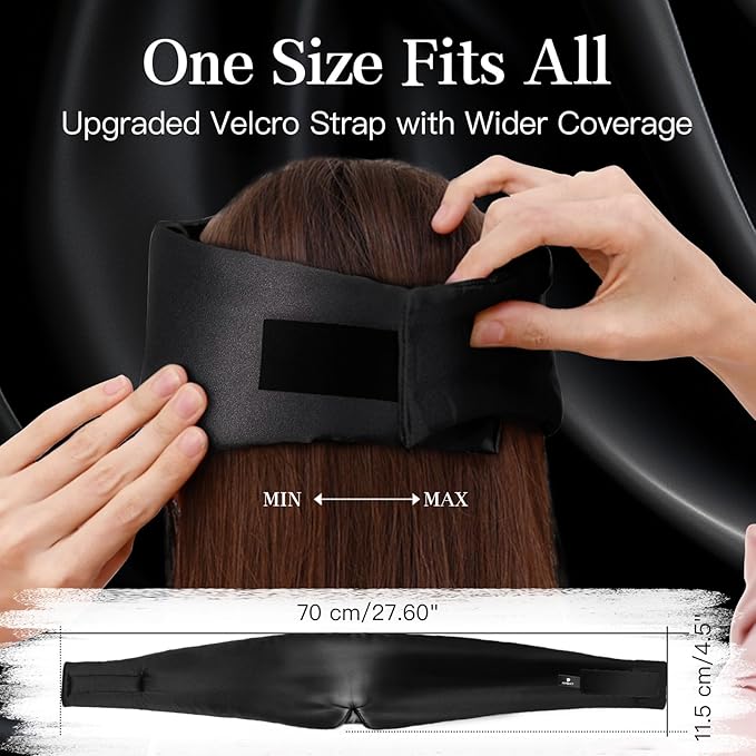 100% Mulberry Silk Sleep Mask, Complete Blackout, Adjustable Velcro Strap, Nasal Wing Design, Large Size, No Eye Cups, Perfect for Side Sleepers, Unisex (Black)