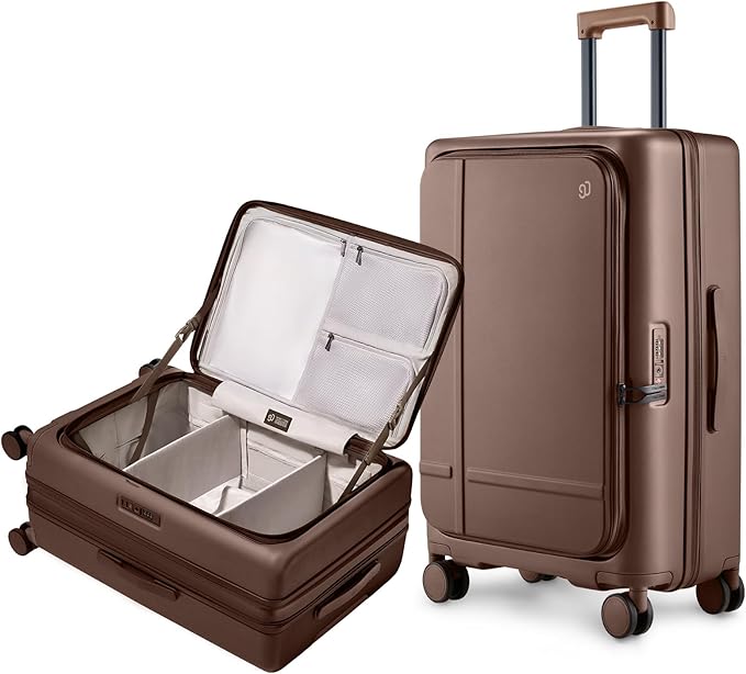 NINETYGO Medium Checked Luggage 25 Inch, Flat Top Opening Check In Luggage with Cup Holder, Expandable, Coffee-Infused PC Hard Shell, Eco-Friendly, TSA Lock, 360° Spinner Wheels (Latte)