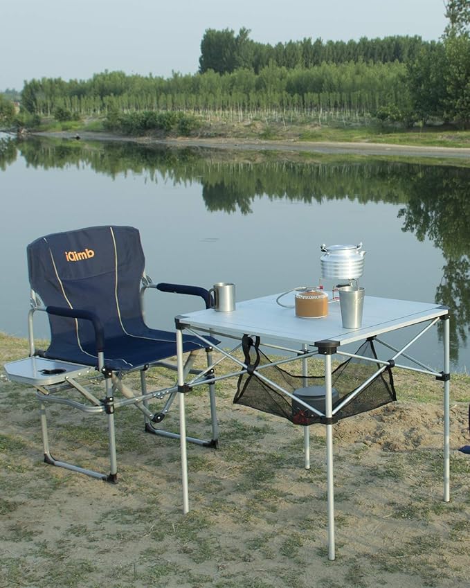 iClimb Lightweight Stable Alu. Folding Square Table Roll Up Top with Carry Bag for Camping Picnic Backyards BBQ Camp Kitchen (Silver, L)