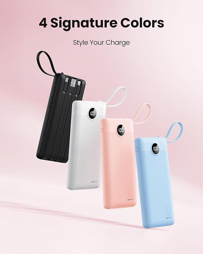 Portable Charger Compatible with iPhone 17, 10000mAh Slim Power Bank with Built-in Cables, External Battery Pack 5 Outputs 2 Inputs LED Display Compatible with iPhone/Android & More (White)