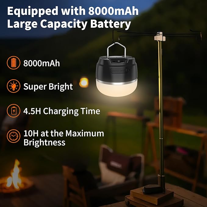 LED Camping Lantern, 8000mAh Rechargeable Camping Tent Light with 4 Light Modes, 6 Brightness Adjustable Tent Lamp, Waterproof Emergency Hanging Lantern for Hurricane, Power Outages, Home, Hiking