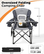 KingCamp Oversized Camping Folding Chair, Heavy Duty 450 LBS with Lumbar Support, Padded seat with Cup Holder&Cooler Bag, Ideal for Camp, Fishing, Sports Event, Backyard, Patio, Lawn (Lava Grey)