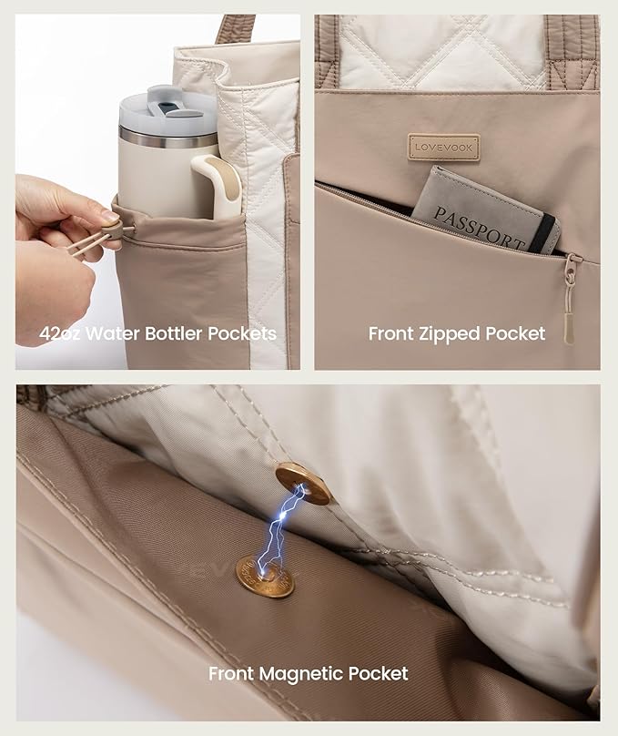 LOVEVOOK Tote Bag for Women, puffer tote bag for Work Travel Nurse, Lightweight quilted Bags with Compartments