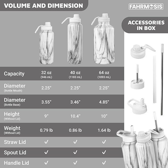40 Oz Water Bottle with Straw Stainless Steel Sports Water Bottle with 3 Lids (Straw, Chug and Flip Lid) Insulated Leak Proof Metal Jug for Men & Women - White Marble