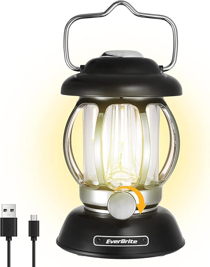 EverBrite Camping Lantern Rechargeable, Retro Metal Camping Light, 4400mAh Battery Powered Hanging Vintage Camping Lamp, 3 Light Modes, Outdoor Tent Light, Emergency Lantern for Power Outage - Black