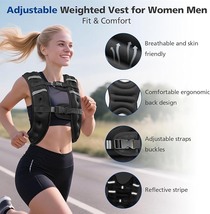 8lb/12lb/16lb/20Lb Weighted Vest for Woman Men with Reflective Stripe, Size Adjustable Strength Training Weighted Vest for Walk Running Jogging