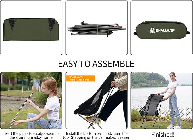 SHALLWE Camping Chairs, All Aluminum Frame Portable Folding Camp Chair for Adults, Heavy Duty High Back Collapsible with Built-in Pillow, Side Pocket, Carry Bag for Backpacking, Hiking, Beach