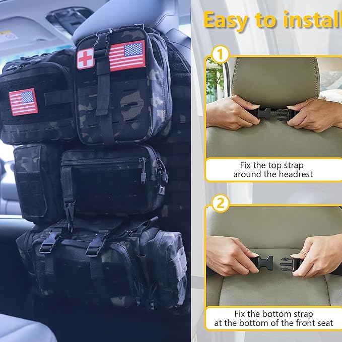 Universal Tactical Car Seat Back Organizer Bag Tactical Molle Vehicle Organizers Panel Vehicle Protector Organizers with 5 Detachable Pouches for Car Truck Ford Jeep (Upgraded D model Black camo)