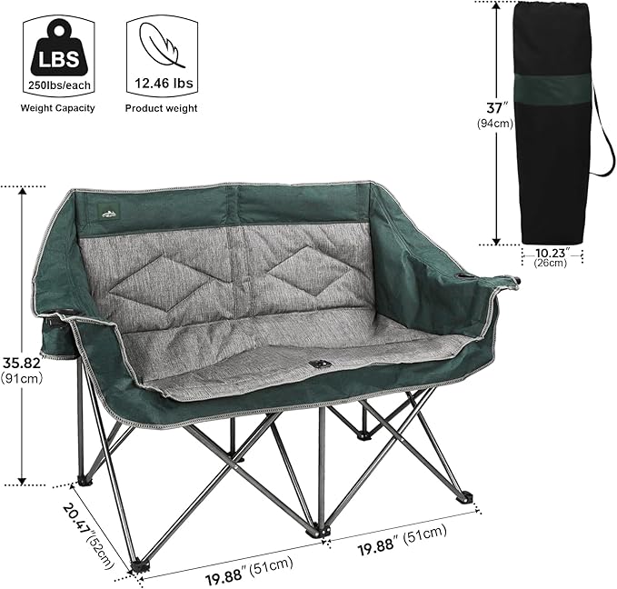 Northroad Folding Loveseat Camping Chair Portable Double Duo Full Padded Garden Chair for 2 Person Sofa w/ 2 Cup Holder,Wine Glass Holder,Mesh Storage,Support 600lbs for Picnic Beach Travel