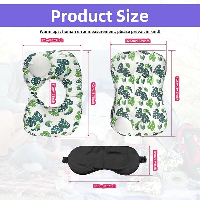 3 Pcs Inflatable Camping Travel Pillow Botanical Ferns Leafy Summer Style U-Pillow and Square Pillow with Eye maskfor Neck Lumbar Support Camp Hiking Sleeping