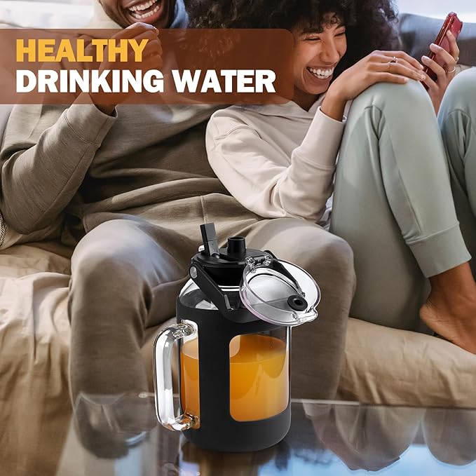 BLUEGO Water Bottle 64 oz Tumbler with Lid and Straw, Glass Water Bottle with Straw, Water Tumbler with Handle Half Gallon Water Jug Large Waterbottle for Daily Water Intake, BPA Free, Black