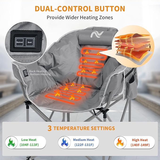 LILYPELLE Oversized Heated Camping Chair, Patio Lounge Chairs with 3 Heat Levels, Portable Folding Heated Chair Round Moon Saucer Folding Lawn Chair Outdoor Chair for Camping, Lounge Patio