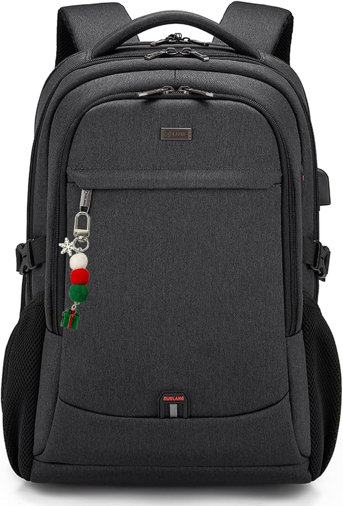 DUSLANG 17 Inch Laptop Backpack for Travel Water Resistant College Backpack for Men Women Laptop Bag with USB Charging Port Key Hanging Ornament Christmas Decorative,Black