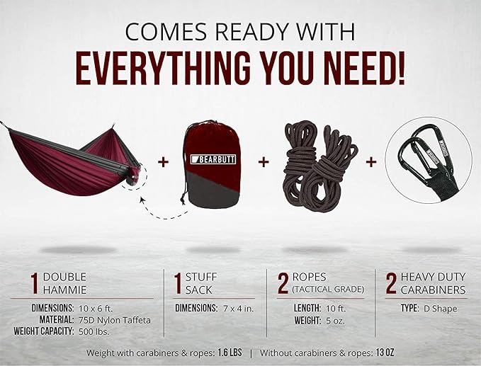 Bear Butt 2 Person Portable Hammock - Backpacking to Camping - Double Hammock for Travel & Outdoor