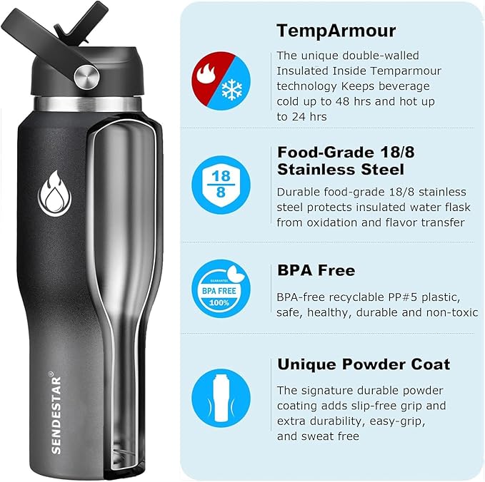 SENDESTAR 40oz Stainless Steel Water Bottle(Cold for 48 Hrs, Hot for 24 Hrs),Double Wall Vacuum Insulated Bottle with Straw Lid, Spout Lid and Flex Cap, Fit in Any Car Cup Holder，Grey-B