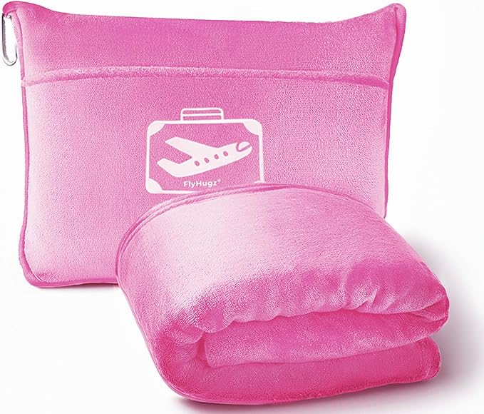 FlyHugz Pink Travel Blanket & Pillow Set (59.1"x47.2") with Carry Case, Luggage Sleeve & Clip – Portable, Lightweight, Breathable & Washable – Perfect for Plane, Car, Camping & Travel