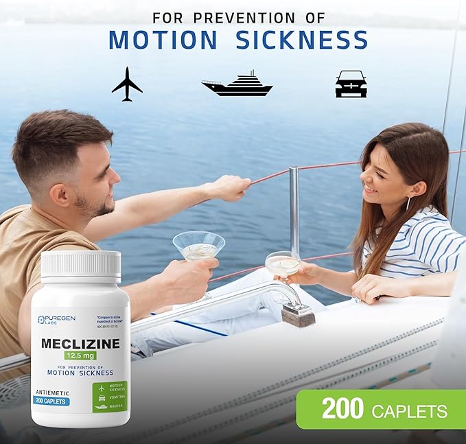 Puregen Labs Meclizine 12.5 mg Antiemetic 400 Caplets Total | Motion Sickness Relief - Prevent Nausea, Vomiting, and Dizziness | Dairy Free | Made in USA | Value Pack – 2 Pack