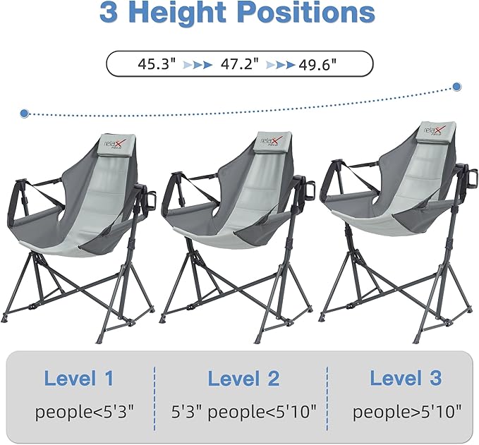 Hammock Camping Chair, 3 Heights Swinging Chair with Adjustable Backrest, Folding Rocking Chair with Head Pillow&Cup Holder, Outdoor Chair for Camping and Hiking, Supports 350lbs, Grey