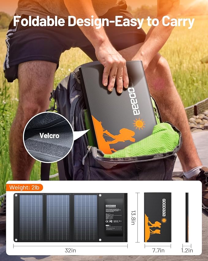 GOODaaa 30W Portable Solar Panel with Three Outputs, USB QC 3.0 Fast Charging Foldable Solar Charger, IP65 Waterproof Panels for Outdoor, Dual USB & One DC Charger for Phones, Tablet, Power Station