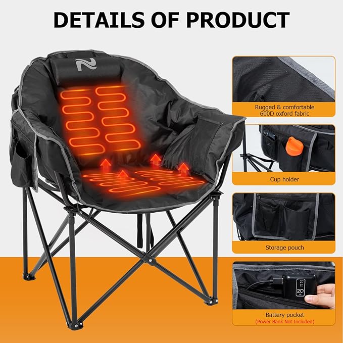 LILYPELLE Oversized Heated Camping Chair, Patio Lounge Chairs with 3 Heat Levels, Portable Folding Heated Chair Round Moon Saucer Folding Lawn Chair Outdoor Chair for Camping, Lounge Patio