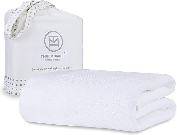 Threadmill Luxury Cotton Blankets for Twin Size Bed | All-Season 100% Cotton Twin Blanket for Bed | Herringbone Soft & Cozy Fall Thermal Blanket, 350GSM, 68x92 inches | White