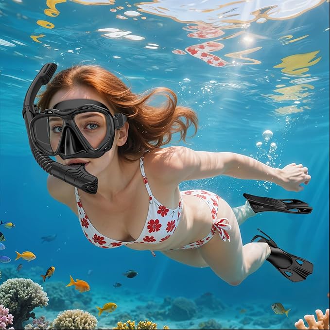 Snorkeling Gear for Adults Men Women, 3 in 1 Snorkel Set with Panoramic View Diving Mask Anti-Fog Anti-Leak, Snorkel Mask Dry Top Snorkel Fins for Swimming, Snorkeling and Travel Diving