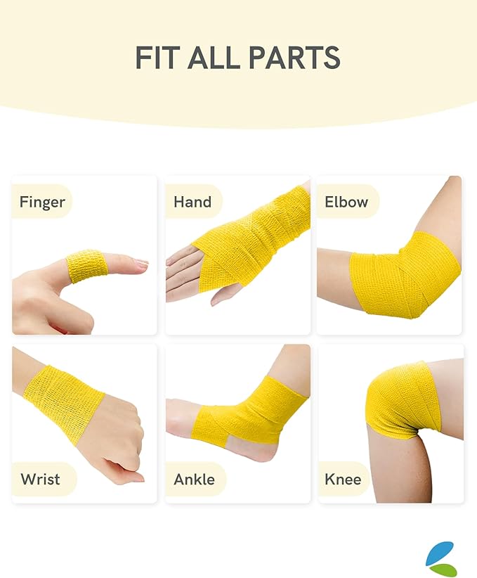FriCARE Self Adhesive Bandage Wrap, Medical Tape in First Aid Kit, Cohesive Bandages for Wounds Sport Vet, 2 Inches X 5 Yards 6 Rolls, Yellow