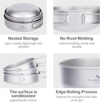 Camping Titanium Pots Set Titanium Bowl Set Outdoor Cookware Cooking Pan Pot with Folding-Handle Travel Kitchen Mess Kits Picnic Hiking Dishes ti2031c