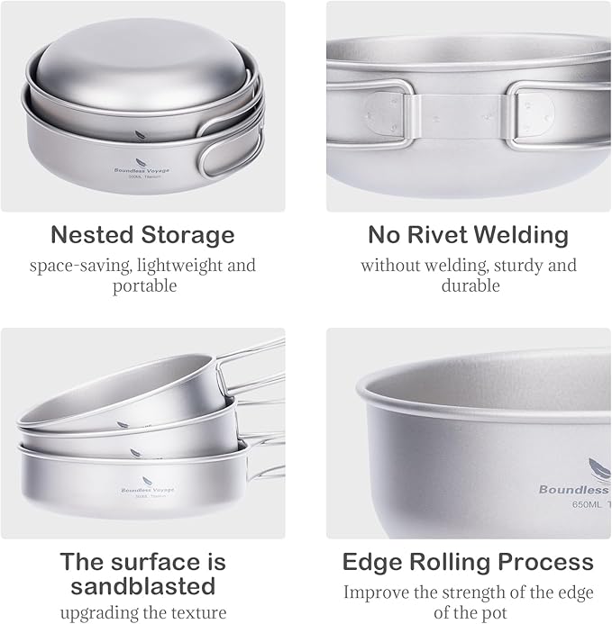 iBasingo 3-Piece Set Titanium Pot Set Camping Cooking Pan with Folding-Handle Outdoor Camp Cookware Pot Sets