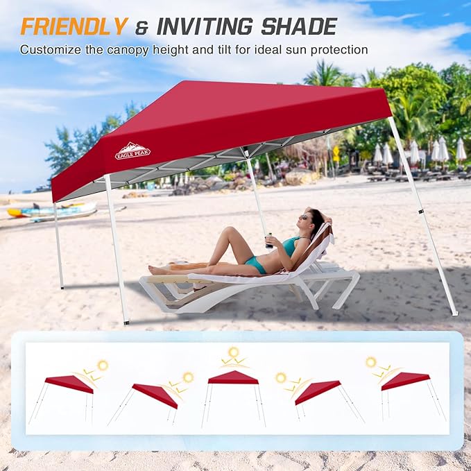 EAGLE PEAK 10x10 Slant Leg Pop-up Canopy Tent Easy One Person Setup Instant Outdoor Beach Canopy Folding Portable Sports Shelter 10x10 Base 8x8 Top (Red)