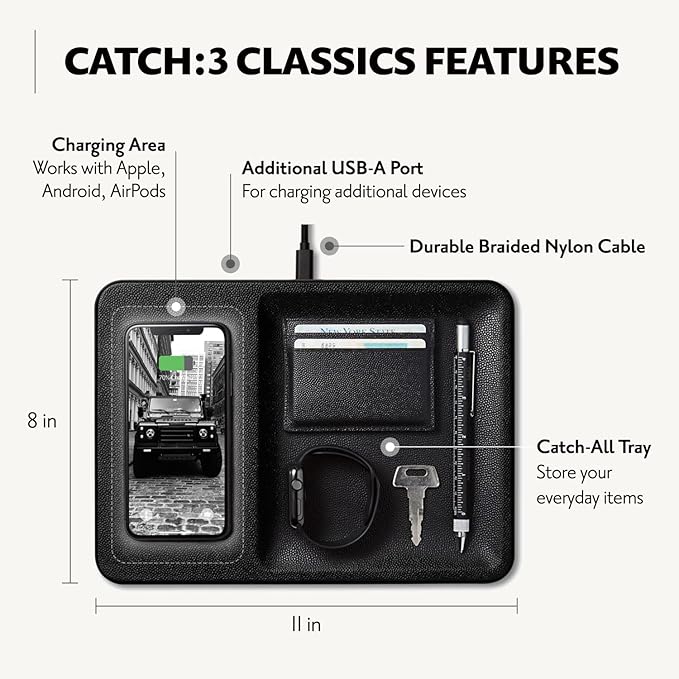 Courant Catch:3 Classics - Italian Leather Wireless Charging Station and Valet Tray (Black) - Compatible with iPhone 16, 15, 14, 13, 12, 11, Galaxy S24, S23, S22, S21, S20, Note, AirPods, AirPods Pro