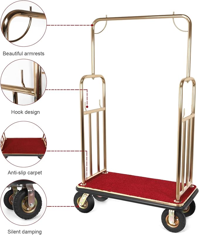 Hotel Luggage Cart Wagon 39Lx19Wx68H Inch Bellman Luggage Trolley Cart Up to 881LBS 8-inch Silent Rubber Casters Carpet Deck Bumper Rails for Commercial Use Condos Resorts
