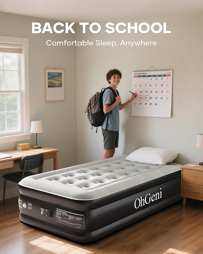 OhGeni Twin XL Air Mattress with Built in Pump for Guest, 18'' Colchon Inflables Blow Up Air Bed with Carrying Bag for Camping, Raised Elevated Double Airbed, Foldable & Portable Air Mattress, Black