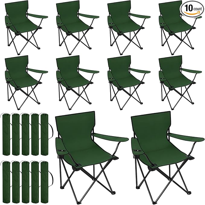 Huwena 10 Pack Folding Camping Chairs Bulk with Cupholder Carry Bags Lightweight Camp Chairs Collapsible Portable Outdoor Lawn Chair for Picnic, Beach, Outside
