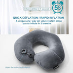 Inflatable Travel Neck Pillow, Super Soft Plane Neck Support Pillow for Travel Ariplane Sleep Support, Adjustable Neck Cushion Headrest Pillow, Folds Up Nicely, Black Grey