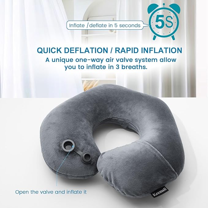 Inflatable Travel Neck Pillow, Super Soft Plane Neck Support Pillow for Travel Ariplane Sleep Support, Adjustable Neck Cushion Headrest Pillow, Folds Up Nicely, Black Grey