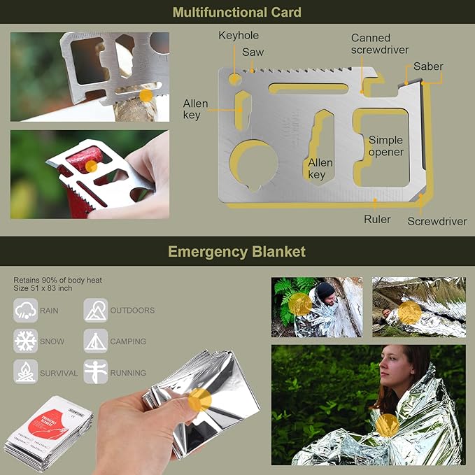 XUANLAN Emergency Survival Kit, Outdoor Survival Gear Tool with Survival Bracelet, Fire Starter, Whistle, Wood Cutter, Water Bottle Clip, Pen (29 in 1)