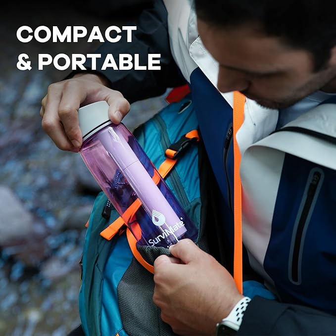 SurviMate Purified Water Bottle for Camping, Hiking, Backpacking and Travel, BPA Free with 5-Stage Intergrated Filter Straw
