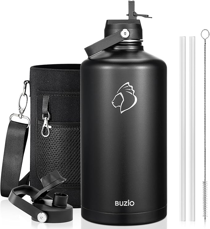 BUZIO 1 Gallon Water Jug with Straw Handle Lid, 128oz Water Bottle Stainless Steel Double Wall Hydro Jug 18/8 Food Grade Thermo Mug Keep Cold 48H & Hot 24H, Black