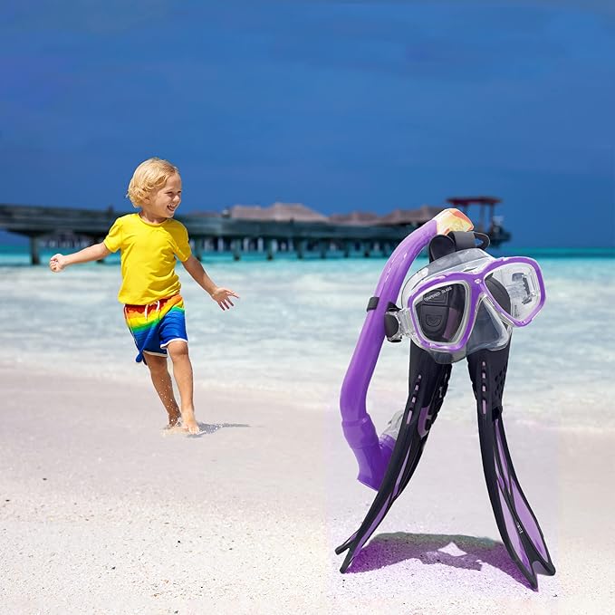 Kids Mask Fins Snorkel Set Snorkeling Packages, with Diving Mask, Snorkel, Adjustable Swim Fins, Mesh Bag, Anti-Fog Anti-Leak Snorkeling Gear for Kids for Snorkeling Swimming Diving