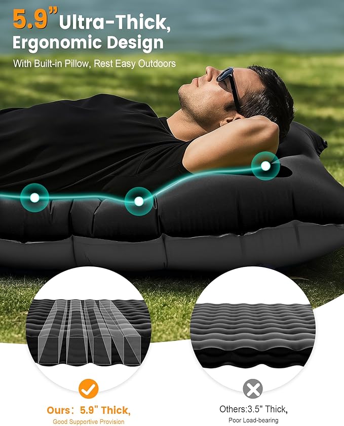 Camping Sleeping Pad,5.9 Inch Thick Camping Mat with Built in Pillow and Foot Pump,Self Inflating Sleeping Pad Ultralight for Camping Backpacking Tent（Green