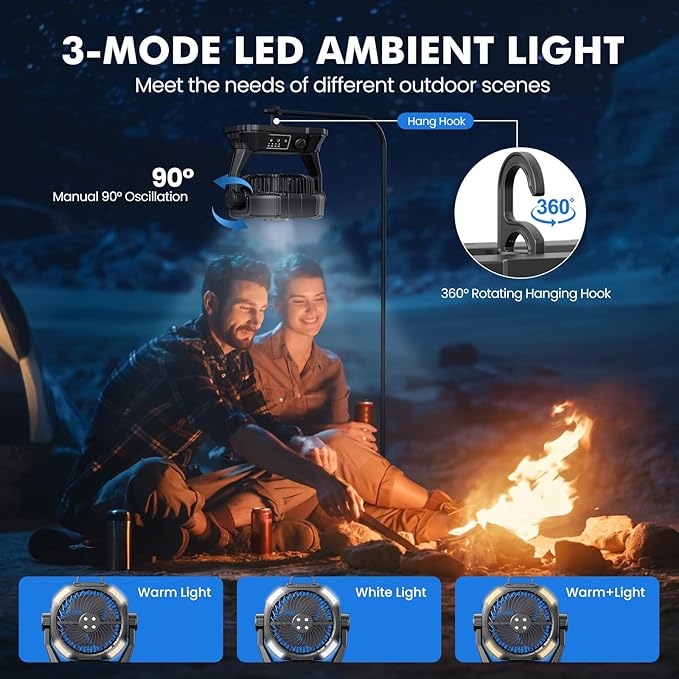 Misting Fan Portable 42800mAh Rechargeable with Remote Control, Camping Fan with LED Light & Stepless Speed Control & Cooling Spray with 6L Bucket, Timer Function, Portable Handle, Rotate Hang Hook