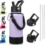 BJPKPK 32oz Insulated Water Bottles with 3 Lids, Paracord Handle & Non-slip Boot, Stainless Steel Metal Water Bottle,Reusable BPA Free Thermo, Tumblers, Lavender