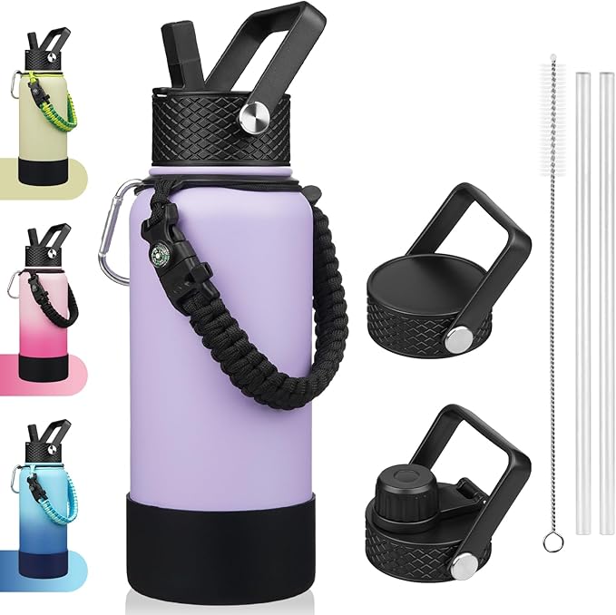 BJPKPK 32oz Insulated Water Bottles with 3 Lids, Paracord Handle & Non-slip Boot, Stainless Steel Metal Water Bottle,Reusable BPA Free Thermo, Tumblers, Lavender