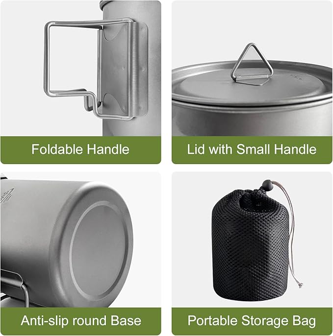 Titanium Pot with Lid, Lightweight Camping Pot with Foldable Handles, Portable Titanium Cooking Pot, Backpacking Pot Titanium Cookware with Carry Bag