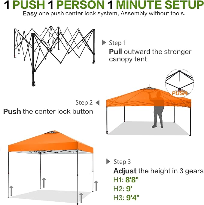 10'x10' Pop Up Canopy Tent with 1 Sidewall and 6 Pockets, One Push Setup, Instant Shade Tent with Vented Roof for Beach Patio Outdoor, Case, 8 Stakes, 4 Ropes, 4 Sandbags (Orange, 10x10)