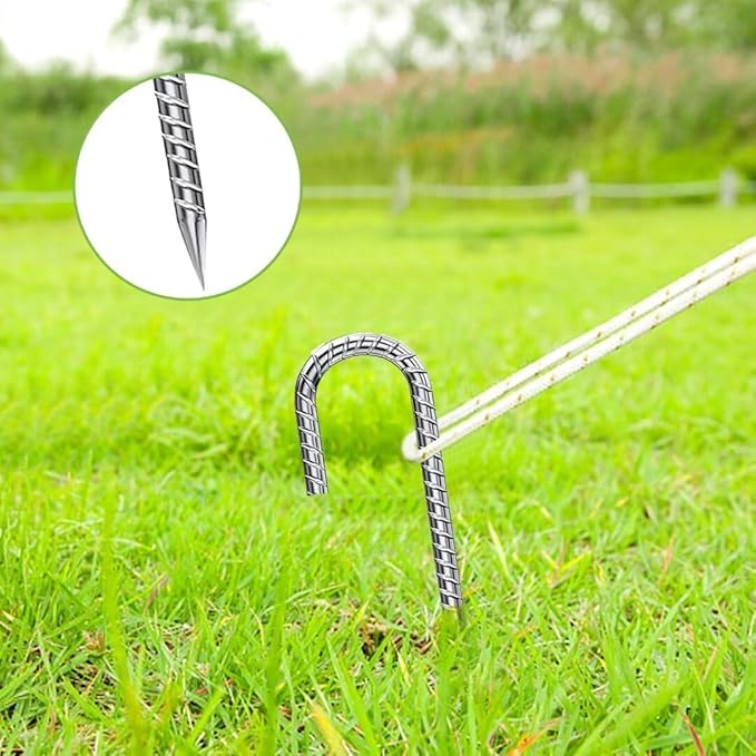Ground-Stakes-Heavy-Duty-12-Inch, J Hook Rebar Stakes Galvanized Anti-Rust 10pcs Metal Stakes for Ground Heavy Duty Ground Anchors for Garden Dog Fence Chicken Coop Deer Fence
