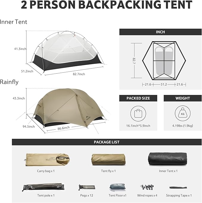Naturehike Mongar UL 1-2 Person Backpacking Tent,15D Nylon Waterproof Ultralight One Person Two Person Tent with Footprint