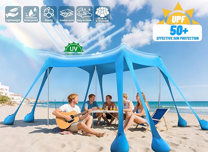 Beach Tent Sun Shelter & Portable Beach Canopy UPF50+ Uv Protection, Beach Shade Canopy/Cabana with 8 Sandbags, 4 Stability Poles, Sand Shovel Ground Pegs for Outdoor Camping